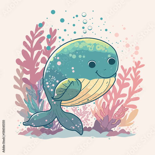 Pattern with Сartoon cute smiling Whale with Sealife on yellow background. Perfect content for wallpaper, postcards, posters, fabric, napkins and other creative projects.