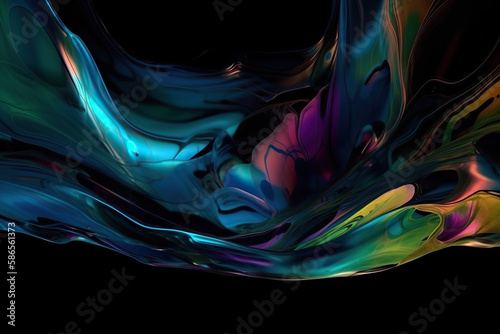 Abstract fluid petrol holographic neon curved wave in motion colorful and vivid background, Generative AI.
