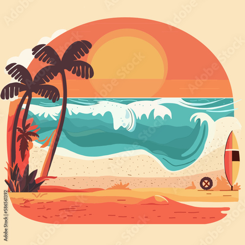 Tropical beach with sand, Palm tree, ocean or sea waves, sunset. Flat Illustration. Hello summer. Perfect content for wallpaper, postcards, posters, fabric, napkins and other creative projects.