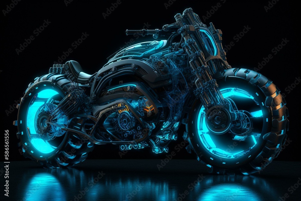 crazy futuristic motorbike with blue led lights, surrealistic black  motorcycle with glowing rims, science fiction technology, digital  illustration, generative ai Stock Illustration | Adobe Stock