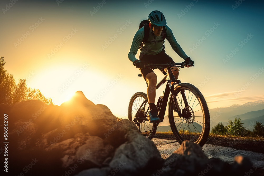 Illustration of a mountain biker speeding downhill on  sunset. Generative AI