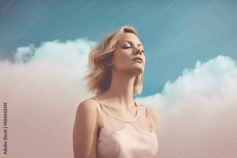 Tender woman in heaven clouds. Generative AI Tender woman in heaven clouds. Generative AI