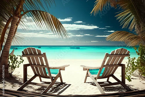 Beach chairs on a tropical beach with palm trees.  generative ai