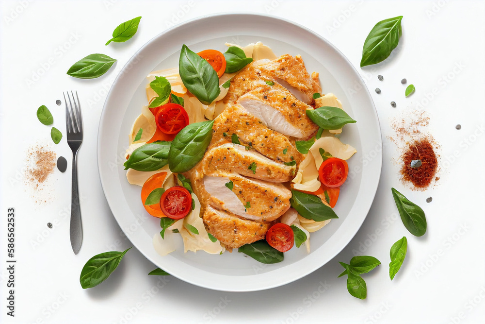 Chicken fillet with pasta, tomatoes and basil on a white background generative ai Chicken fillet with pasta, tomatoes and basil on a white background generative ai