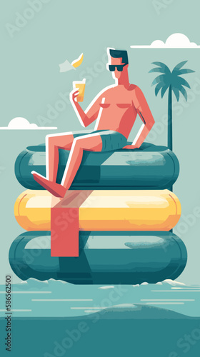 Happy man enjoying summer by the pool on inflatable loungers with a drink in his hand. Vector ilustration. Generative AI technology.