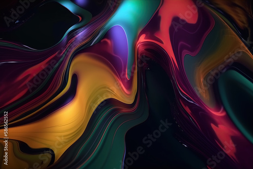 Abstract fluid petrol holographic neon curved wave in motion colorful and vivid background, Generative AI.