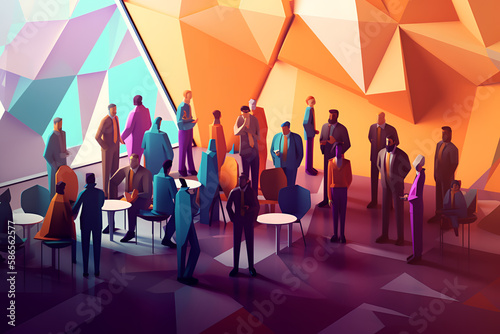 Low Poly 3D Illustration of Multicultural People At Work. Different Office Employees Working Together 