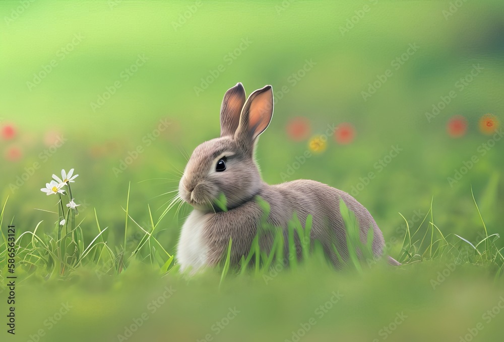 Obraz premium The adorable rabbit is seated in a springtime meadow with green grass. 