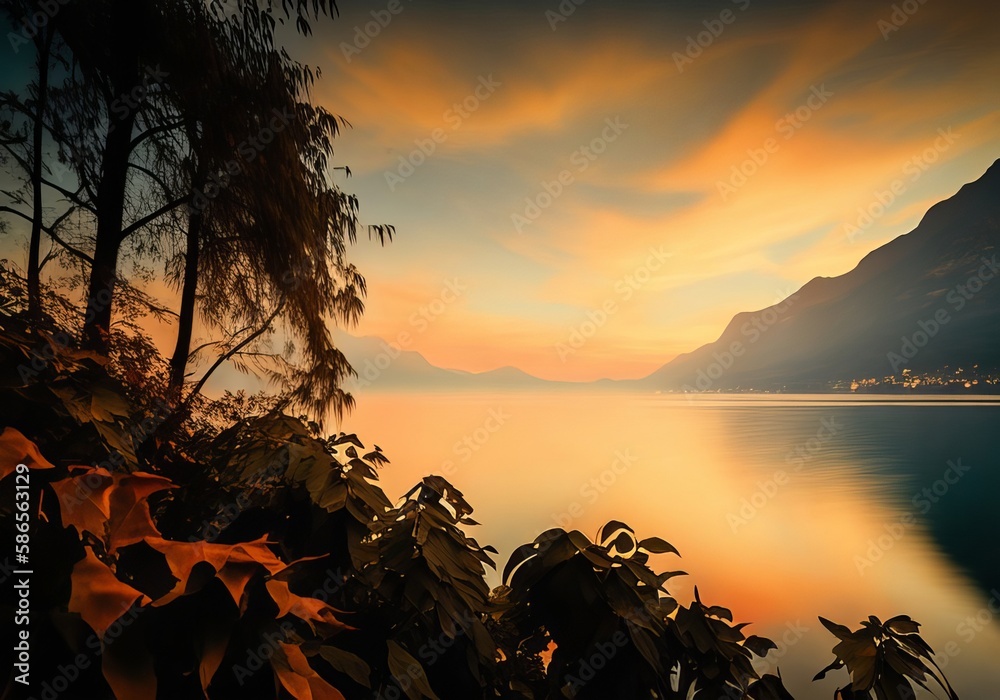 Φωτογραφία A majestic sunset view of mountains, the sea, and trees is part of nature's tapestry