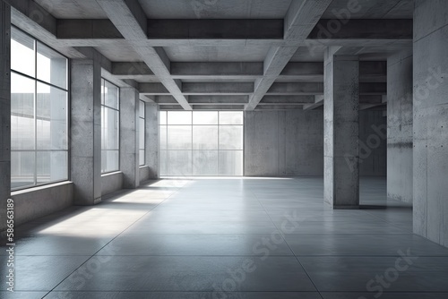 an empty modern room with large windows and concrete walls. Generative AI