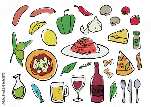 いろいろなイタリア料理の手描きイラストセット。Hand drawn illustration set of different Italian dishes.