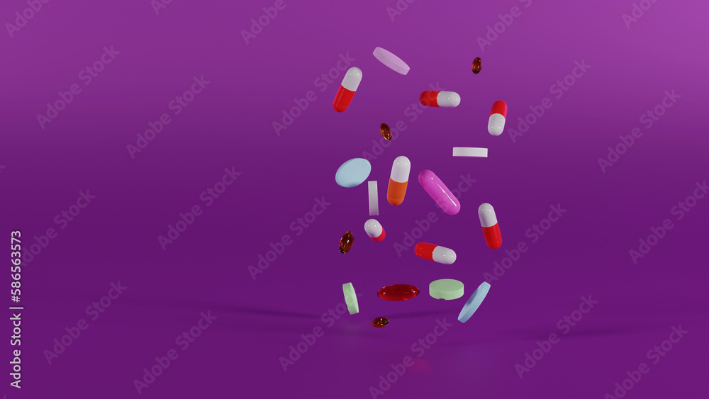 3d rendering pills and capsules flying on lavender background for UI, medical, pharmacy