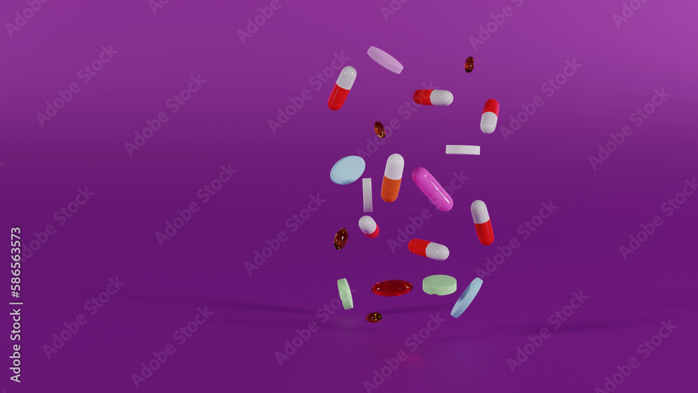 3d rendering pills and capsules flying on lavender background for UI