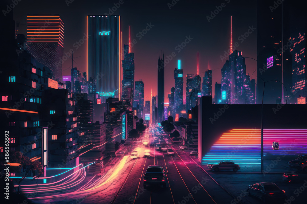 Night big city, neon lines. AI generative.