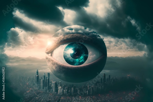Big brother eye watching concept. Global surveillance for digital identity technology over city skyline. Generative ai
