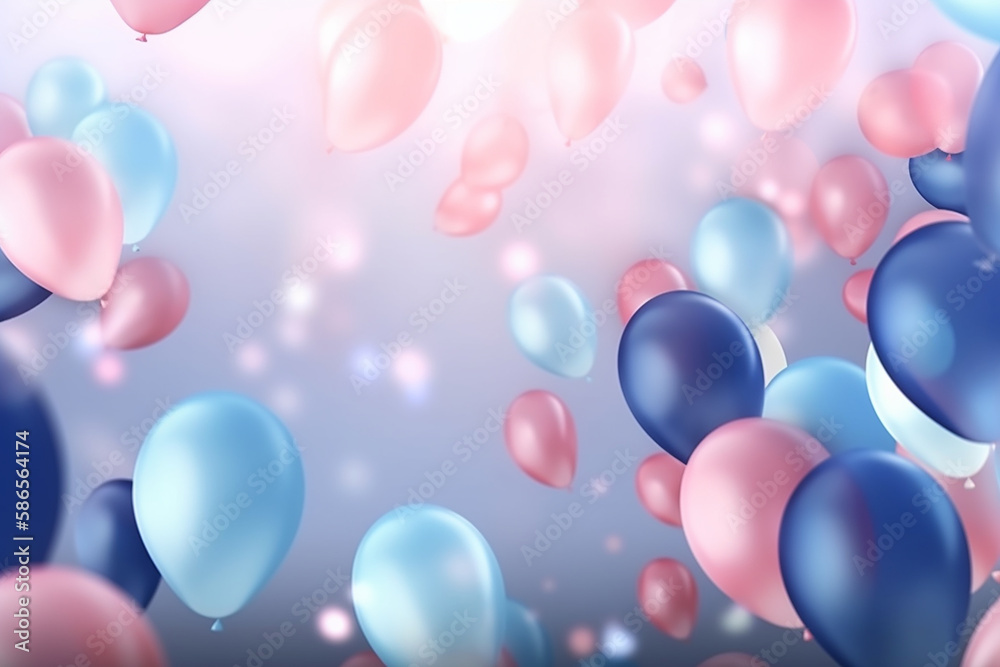 Festive background with blue and pink balloons falling confetti blurry background and a bokeh lights cozy pastel colors. Generative Ai