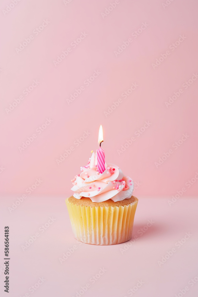 Delicious birthday cupcake with one candle on table on light pink background. Generative Ai Delicious birthday cupcake with one candle on table on light pink background. Generative Ai