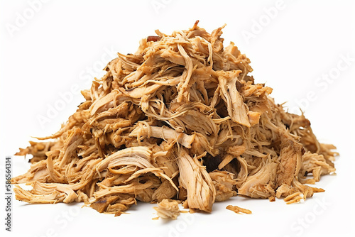 Heap of pulled chicken meat on white. Generative Ai
