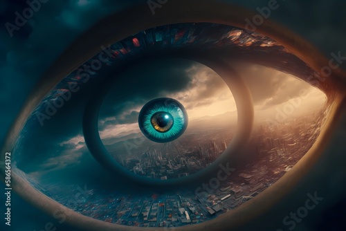 Big brother eye watching concept. Global surveillance for digital identity technology over city skyline. Generative ai