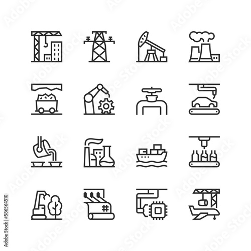 Industry, linear icons set. Industries, production. Construction, electricity, oil, factory, mining, machine, automotive, metal, logistics, food, microelectronics, etc. Editable stroke width