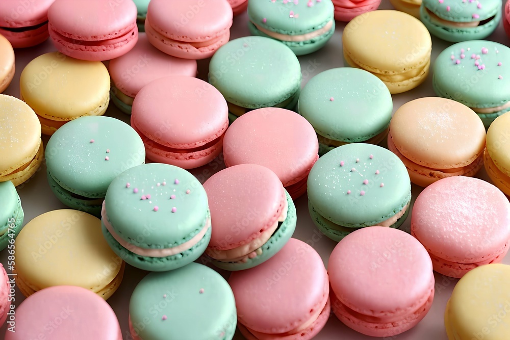 Fototapeta premium Sweet and colourful french macaroons or macaron on white background, Dessert. Generative AI.