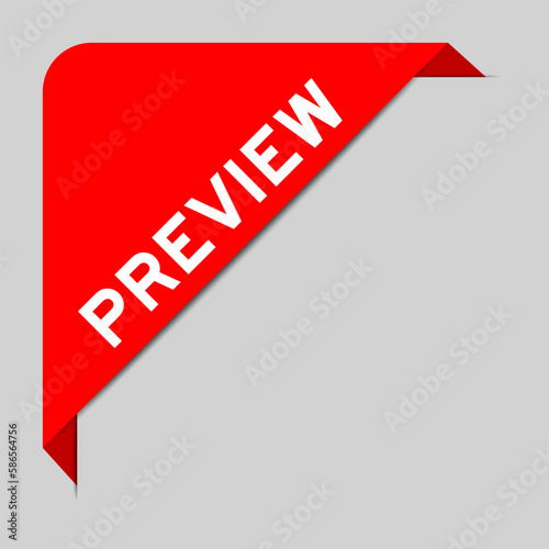 Red color of corner label banner with word preview on gray background