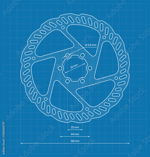 Vector blue blueprint of disc brake bicycle. Size 160 mm