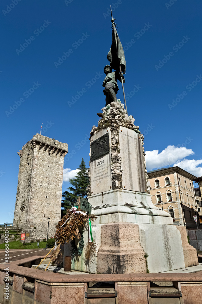 Enego: the war memorial of the Great War and the Scaliger tower. Seven Municipalities, Veneto, Italy.