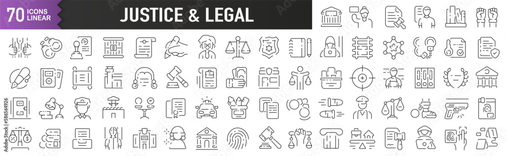 Justice and legal black linear icons. Collection of 70 icons in black. Big set of linear icons Justice and legal black linear icons. Collection of 70 icons in black. Big set of linear icons