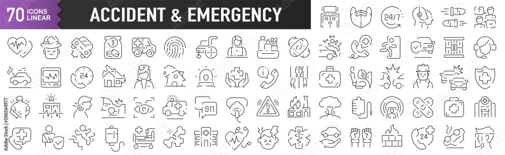 Accident and emergency black linear icons. Collection of 70 icons in black. Big set of linear icons Accident and emergency black linear icons. Collection of 70 icons in black. Big set of linear icons