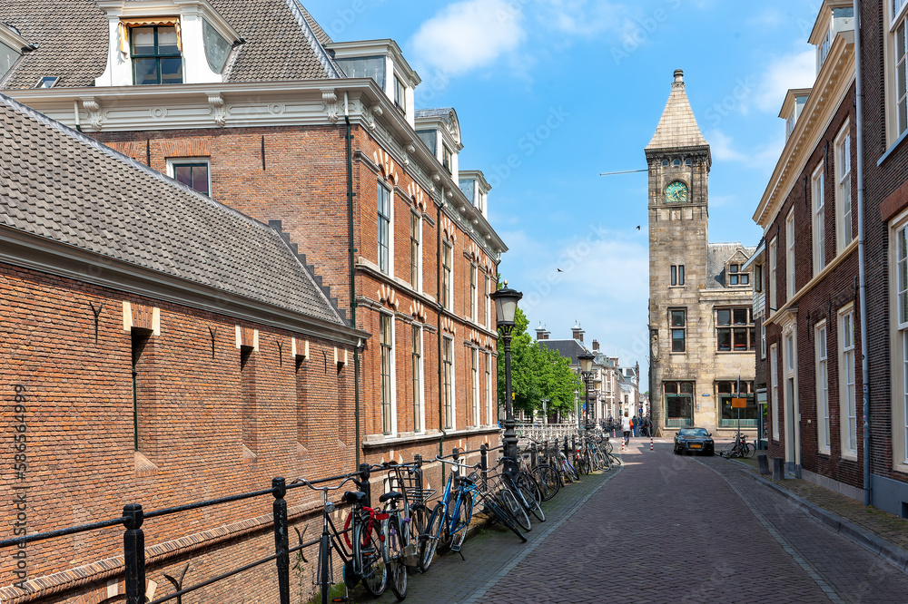 Obraz premium Utrecht street in summer with colorful houses in classic holland architecture