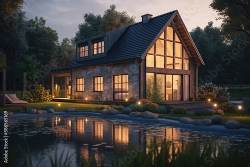 house illuminated by a pond at night with reflection in the water. Generative AI
