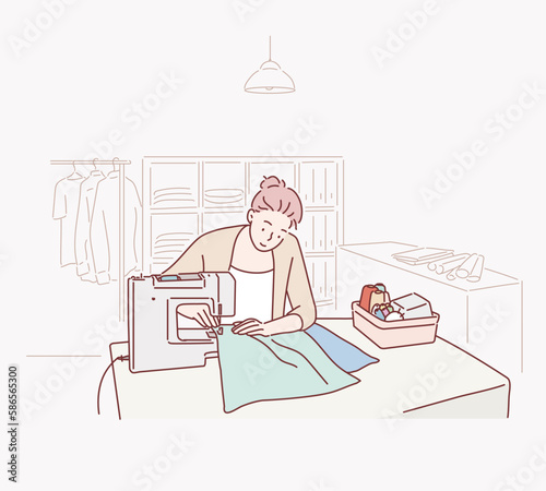 Smiling young girl sewing on a sewing machine. Hand drawn style vector design illustrations.