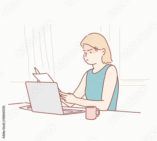 Upset female worker sitting at desk in office looking at pc screen feels unhappy and shocked. Hand drawn style vector design illustrations.