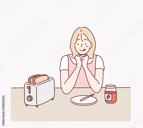 Woman waiting for some bread to toast in the toaster. Hand drawn style vector design illustrations.