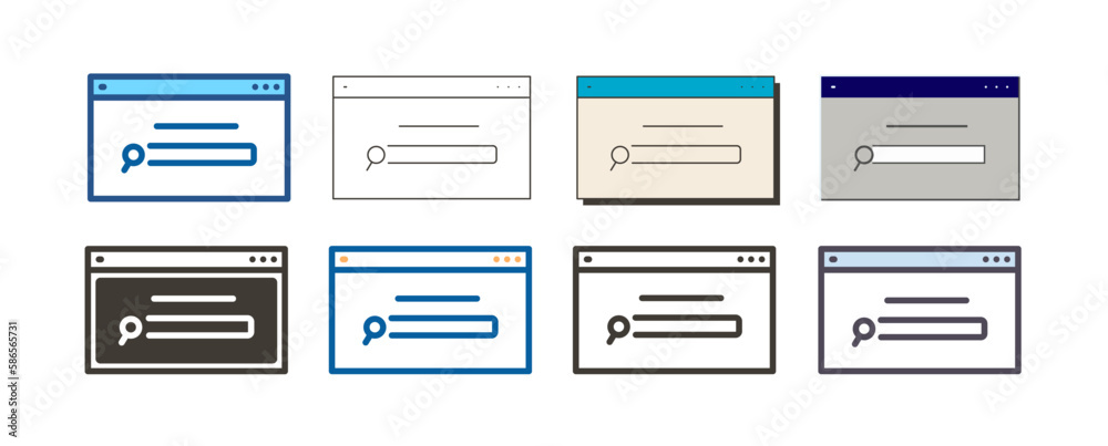 Web page layout with homepage search bar. Vector icon illustration in 8 different styles Web page layout with homepage search bar. Vector icon illustration in 8 different styles