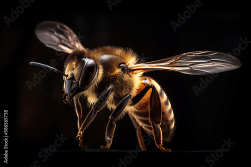 Macro picture of a bee. Generative AI.