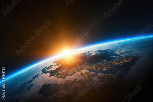 Sunrise over globe land and ocean. Planet Earth. Aerial view of blue planet from space. . Generative AI