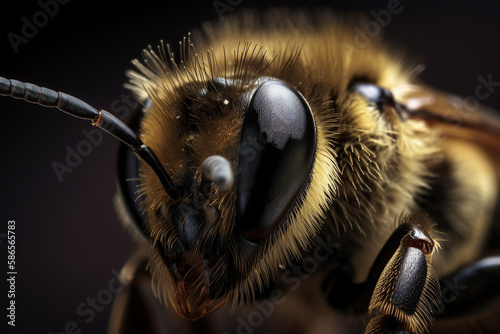 Macro picture of a bee. Generative AI.