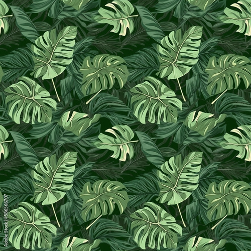 Seamless pattern of tropical leaves. Tropical background. Perfect for wallpaper, textiles, and web backgrounds, package design. Good quality for repeating design. Generative AI. Edited 