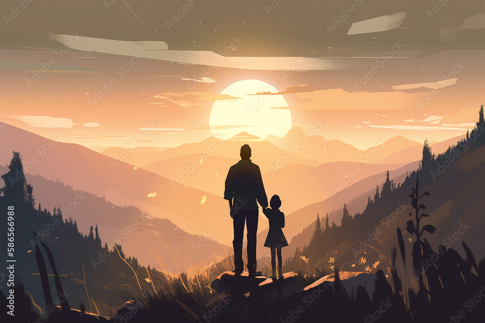 Illustration of Father and Child on a Mountain