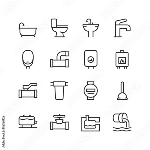 Home water piping, linear style icons set. Sewerage, facilities for water use. Use, cleaning and draining of water. Sewer. Effluent sewer. Editable stroke width