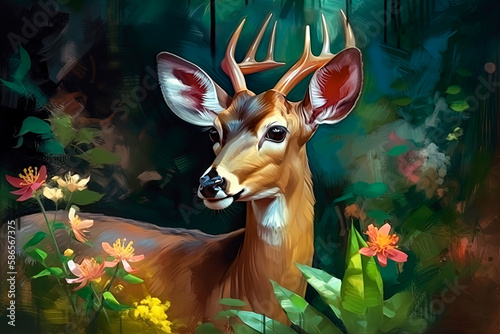 A deer surrounded by flowers. Generative AI 