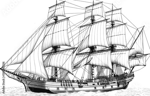 Retro Technical Sail Ship sketches in ink & pencil, capturing iconic Era on sea , chrome details, and nostalgia. Explore creativity in transportation design. Generative AI. 