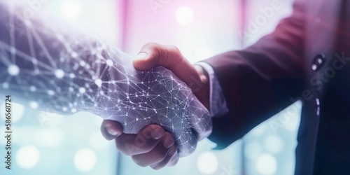 Businessmen engaging in a digital handshake, gesture of greeting and a sign of a potential business deal in digital world. Business cooperation, mergers and acquisitions,  digital background photo