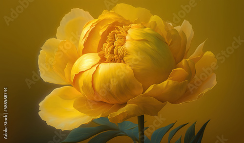  a large yellow flower with green leaves on a yellow background with a yellow background and a yellow background with a yellow flower in the center.  generative ai