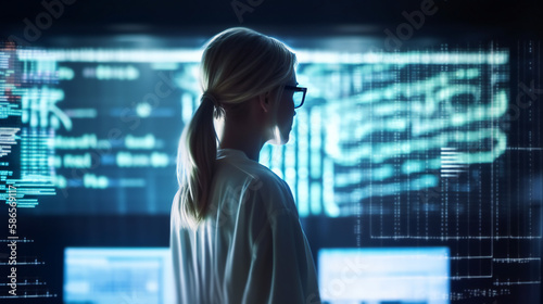 Blonde woman in office standing in front of screens looking and analysing data, generative AI