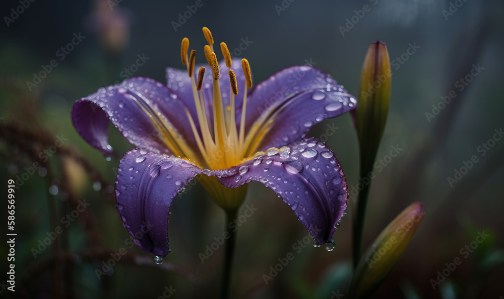 Fototapeta premium a purple flower with water droplets on it's petals and a dark background with grass and flowers in the foreground, with a few other flowers in the foreground. generative ai