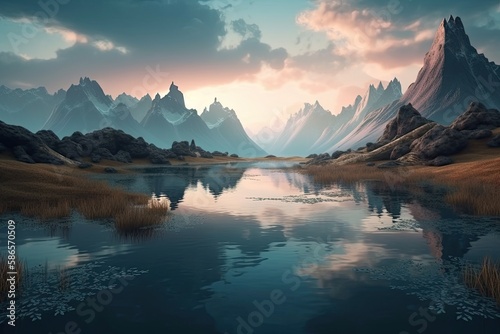 serene mountain lake landscape with rocky terrain and lush greenery. Generative AI