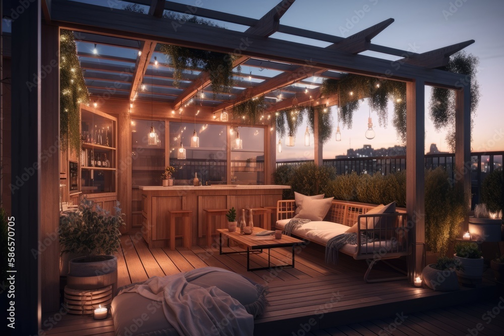 modern outdoor bar and lounge area at night. Generative AI modern outdoor bar and lounge area at night. Generative AI